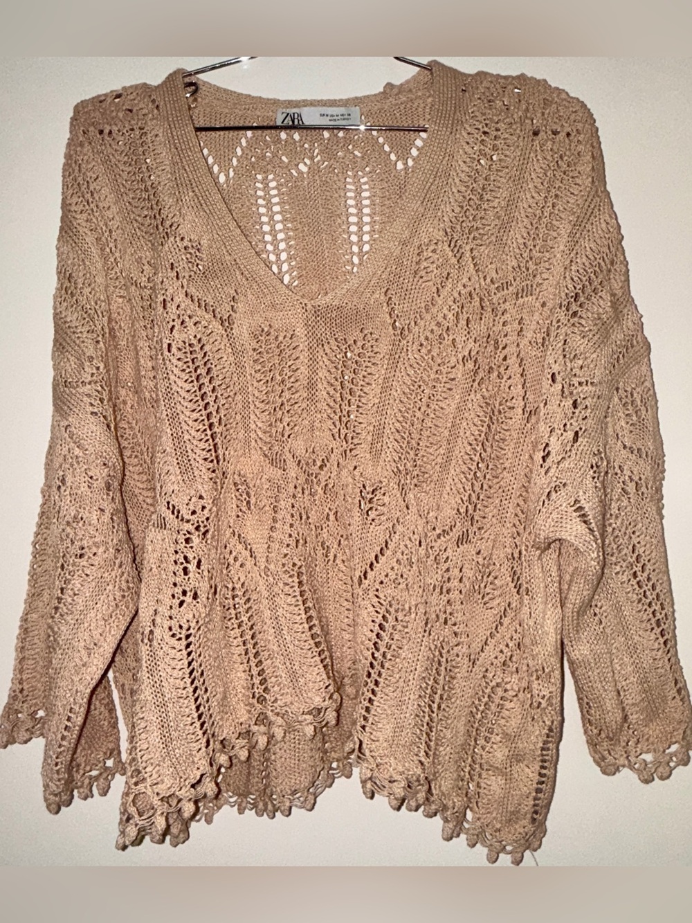 Zara Crochet Knit V-Neck Sweater in Beige Tan